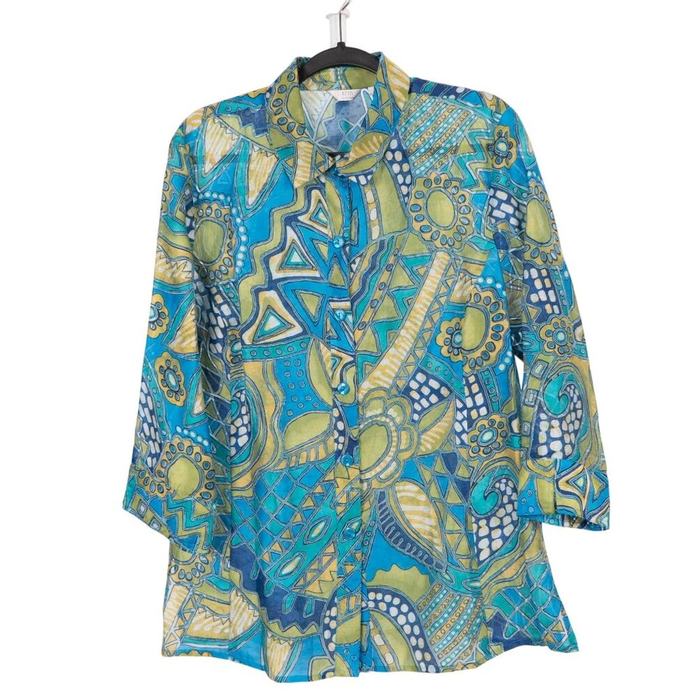 Hippie Retro Button Up Shirt L Geometric Blue Green Knit Boho Festival Flax Long
